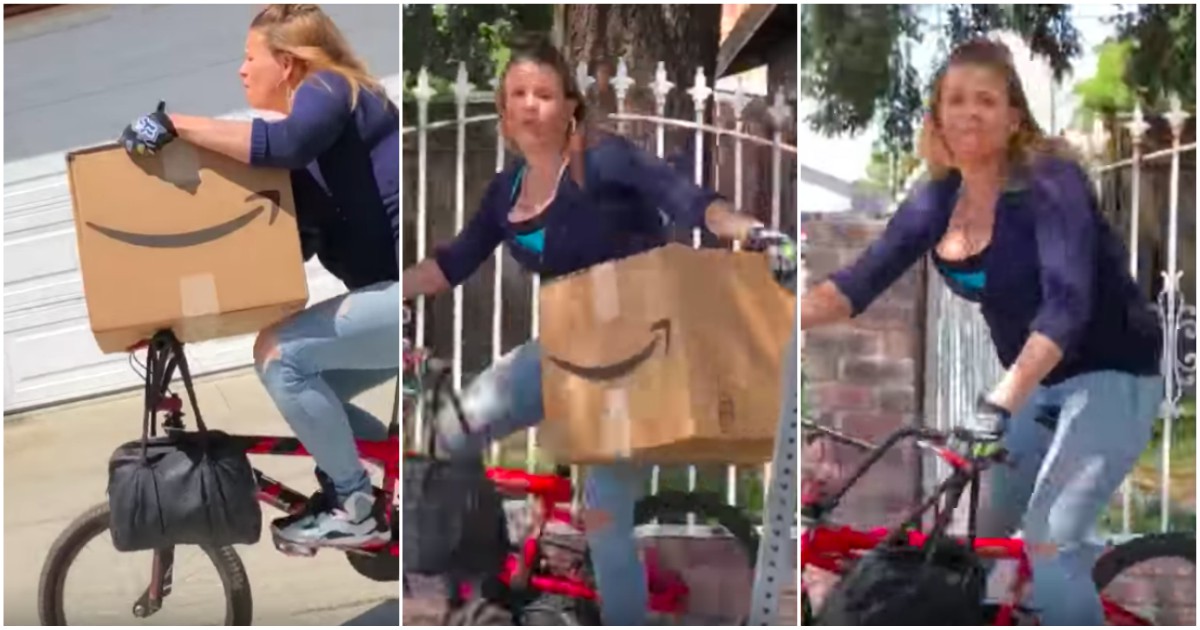Homem apanha mulher a roubar encomenda da Amazon e a fugir de bicicleta