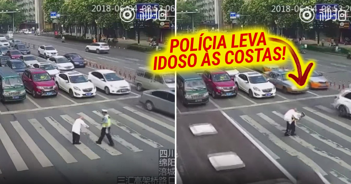 Polícia coloca idoso às costas para o ajudar a atravessar uma movimentada estrada
