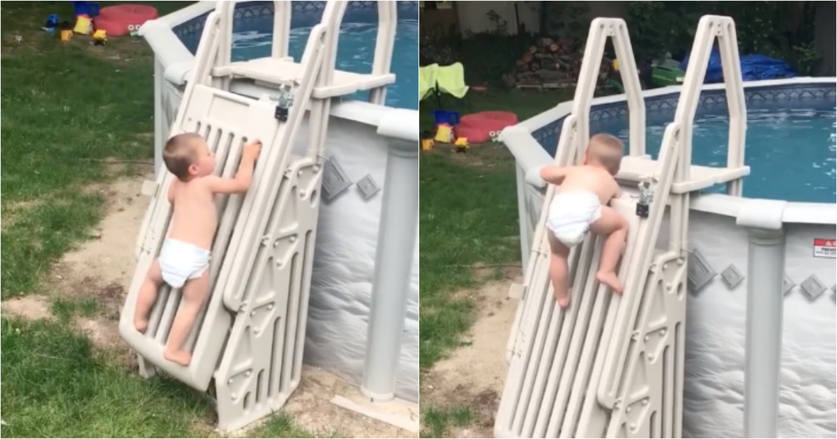 Pai filma filho a subir escada de piscina impossível de ser escalada por bebés