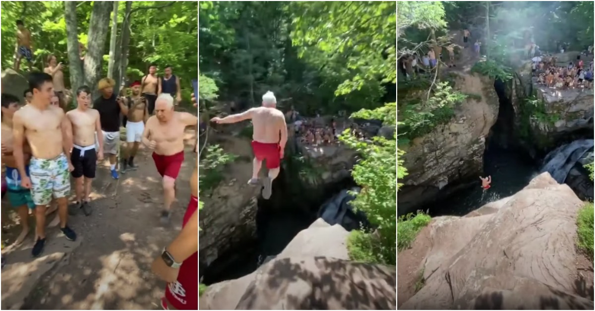 Idoso de 73 anos salta para a água de um penhasco de 15 metros e deixa jovens ao rubro