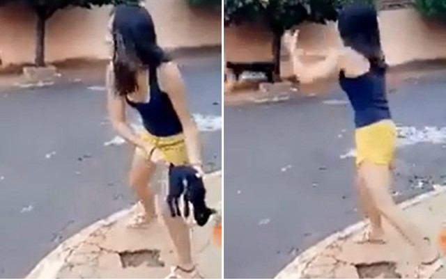 Vídeo mostra gêmeas lançando gato do outro lado da rua
