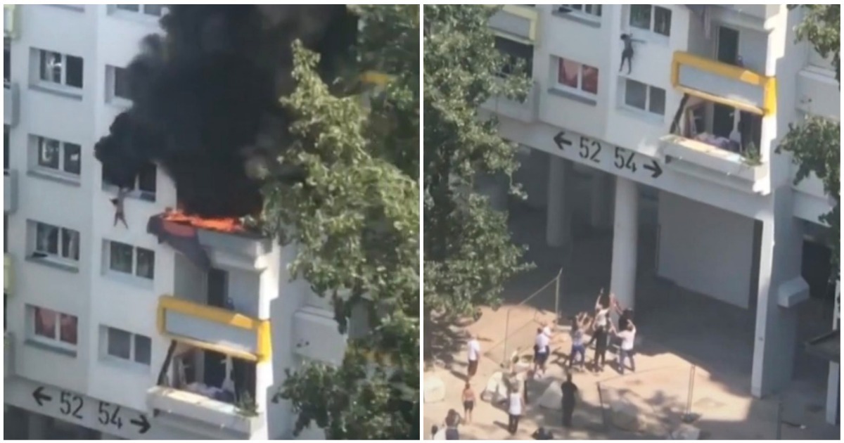 2 crianças saltam do terceiro andar de um prédio em chamas