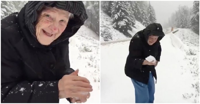 Senhora com 101 anos brinca na neve como se fosse uma criança… ADORÁVEL!