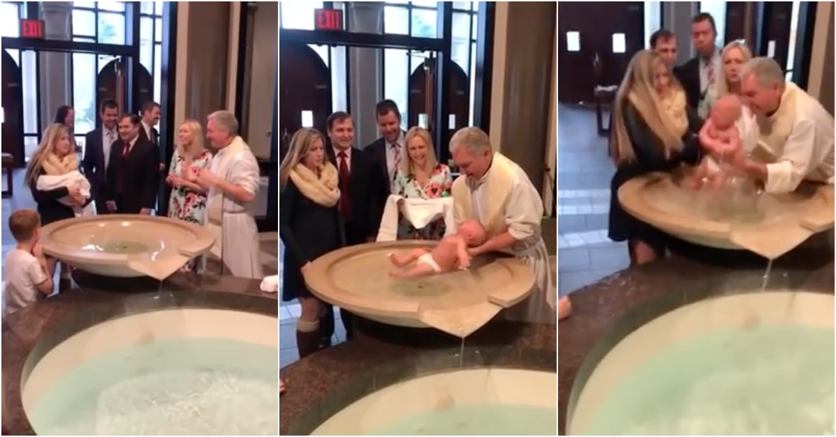 Padre deixa bebé cair na pia batismal durante o batismo