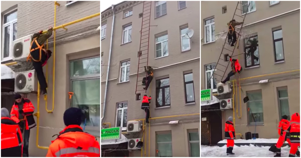 Trabalhadores caem de uma escada de emergência