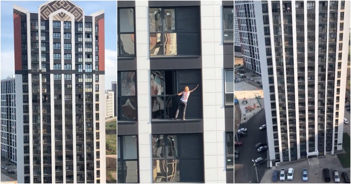 Mulher é filmada a limpar janelas no 17º andar de um prédio