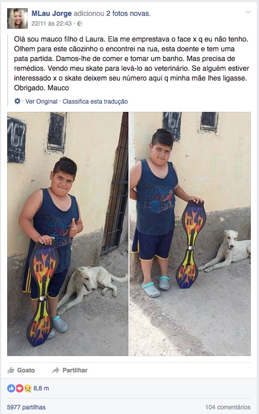Colocou o skate à venda para levar cão abandonado ao veterinário