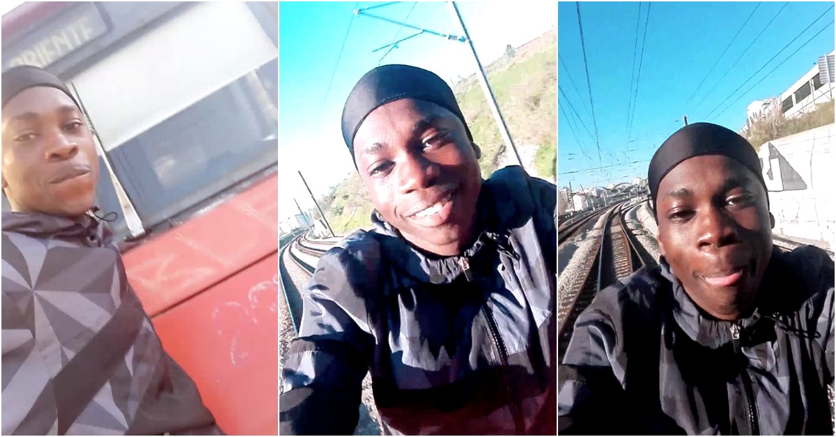 Jovem filma-se a circular no exterior de comboio da CP na linha de Sintra
