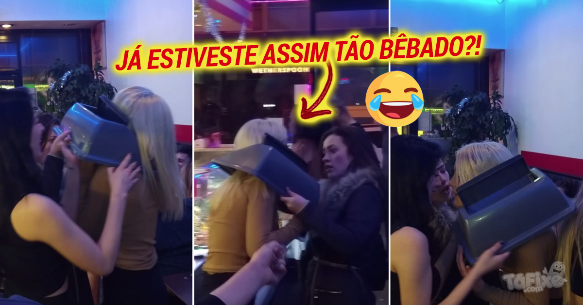 Rapariga muito bêbada vai à casa de banho e sai de lá com a tampa do caixote do lixo enfiado na cabeça