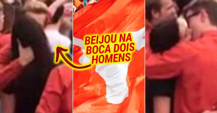 Mulher beija dois homens nos festejos de um golo