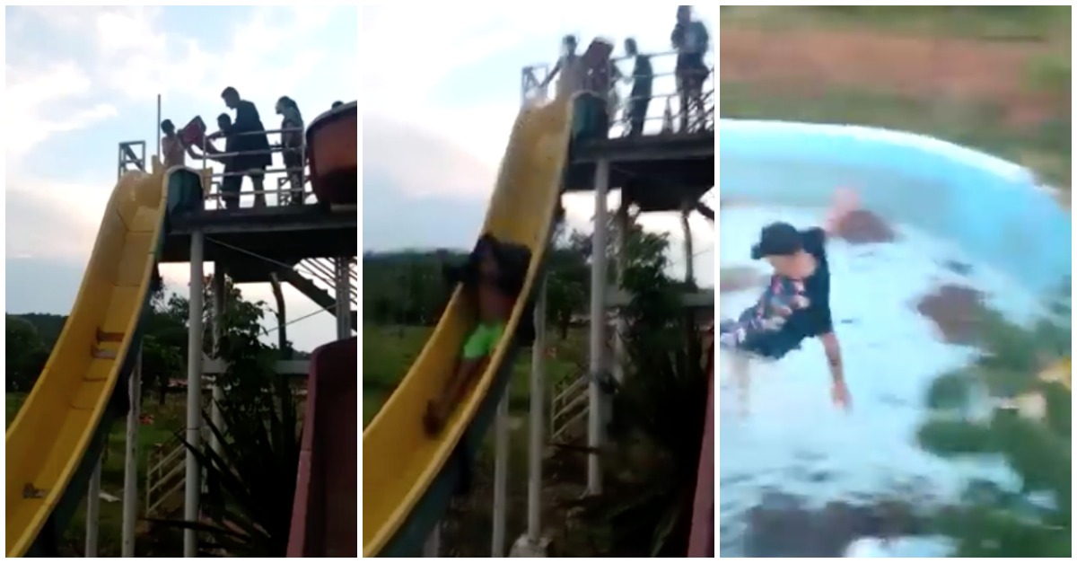 Amigos encontram diversão em escorrega aquático sem água