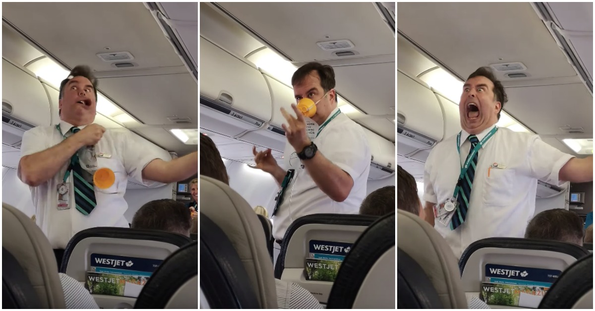 Comissário de bordo anima passageiros durante a demonstração das medidas de segurança