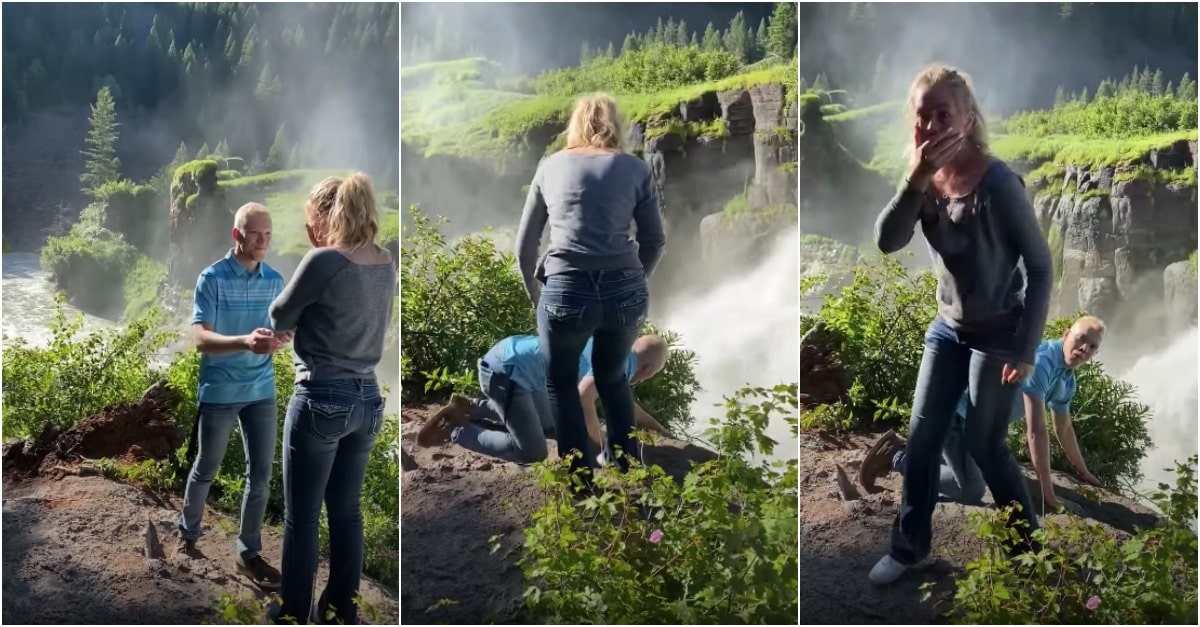 Encenação hilariante até na hora de pedir a namorada em casamento numa cascata