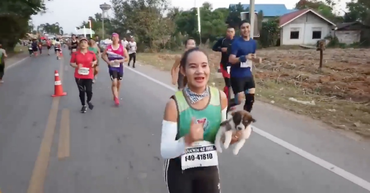 Atleta encontra cão abandonado e corre a maratona com ele ao colo
