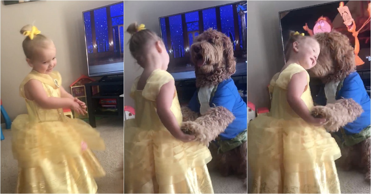Menina recria cena do filme A Bela e o Monstro com o seu cão