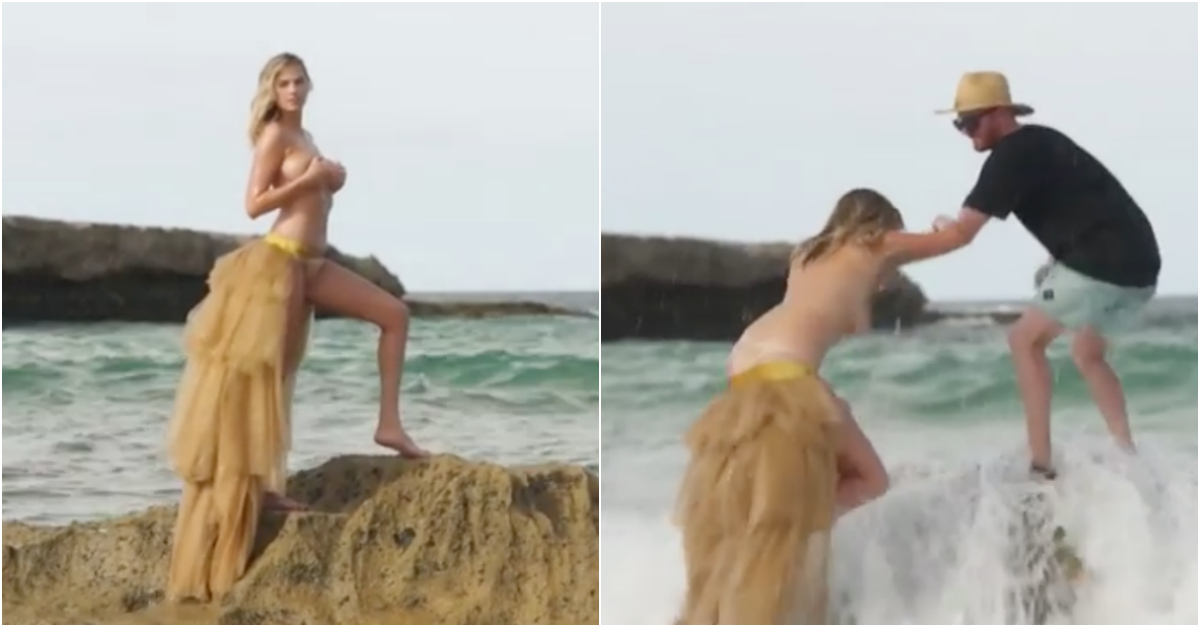 Kate Upton cai de forma aparatosa durante sessão fotográfica