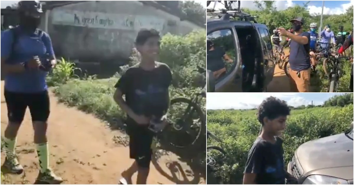 Menino pobre que ajudou grupo de ciclistas ao dar pedal da própria bicicleta é surpreendido dias depois